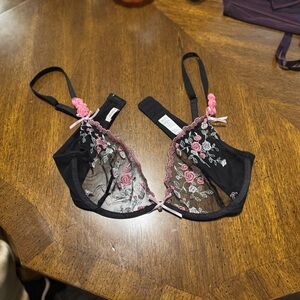 Adore Me Black and Pink Floral Lace Bra